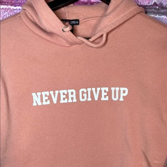 Women's Pink Hoodie - "Never Give Up" Size Large Cropped Love Streak Sweatshirt - Picture 5 of 6